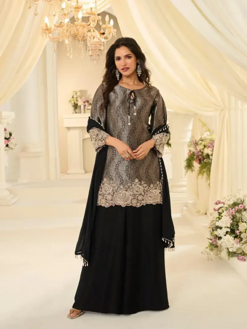 Black Premium Chinon Silk Beads Embroidered Palazzo Suit