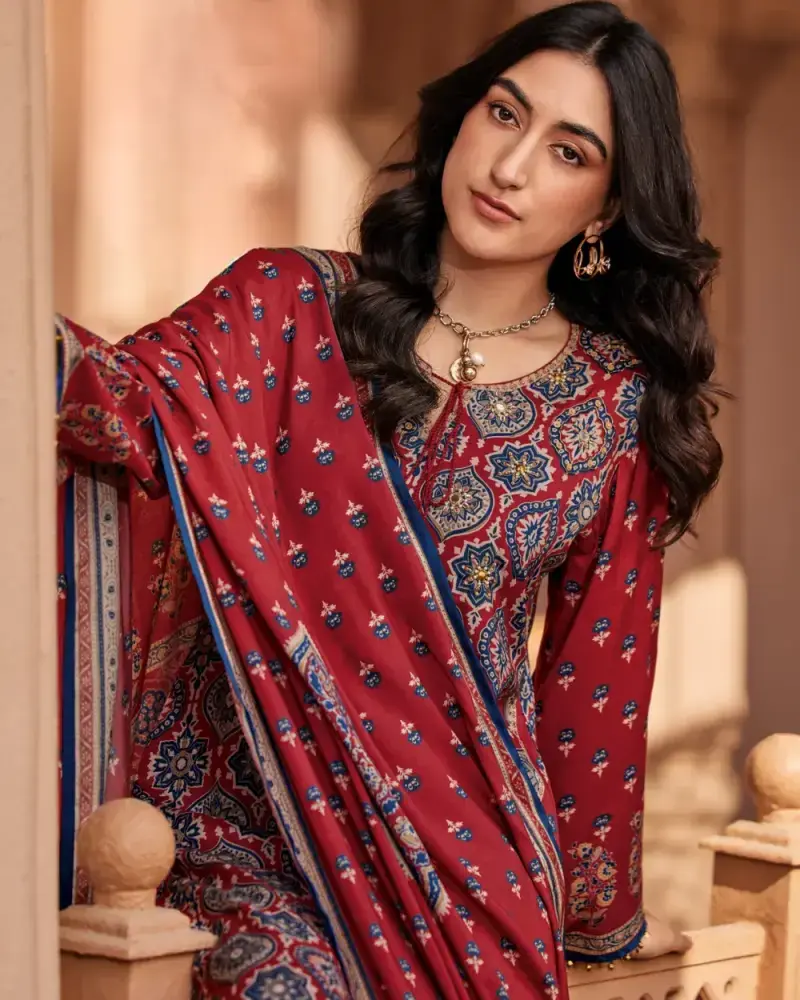 Red Fancy Cotton Ladies Suit