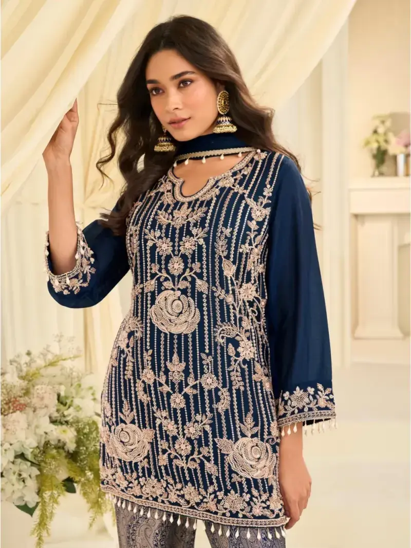 Navy Blue Viscose Jacquard Silk Heavy Beads Work Palazzo Suit