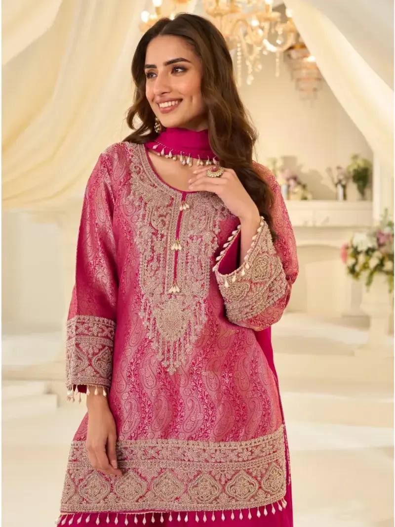 Hot Pink Premium Chinon Silk Beads Embroidered Palazzo Set