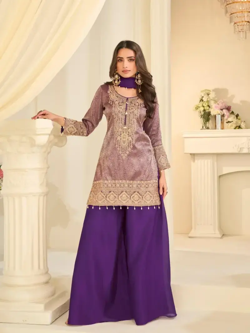 Violet Premium Chinon Silk Beads Embroidered Palazzo Set