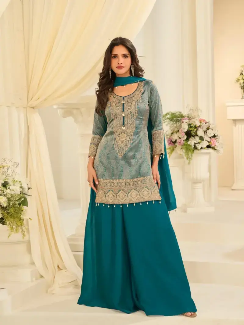Teen Green Premium Chinon Silk Beads Embroidered Palazzo Set